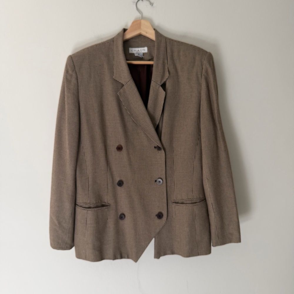 Vintage Blazer Houndstooth Beige Brown Boxy Size Medium Academia Annie Hall